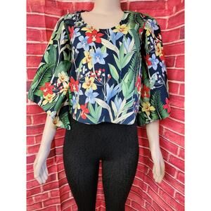 ZARA COLLECTION MULTICOLOR TROPICAL PRINT POPLIN TOP BLOUSE BACK BOW XS/UK6/8 #C